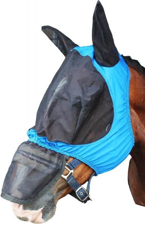 tyrkysová a černá elastická maska z lycry, chránící oči, uši i nos koně, bez suchých zipů